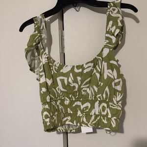 Blu Pepper Olive Green & White Printed Ruffle Strap Crop Top
